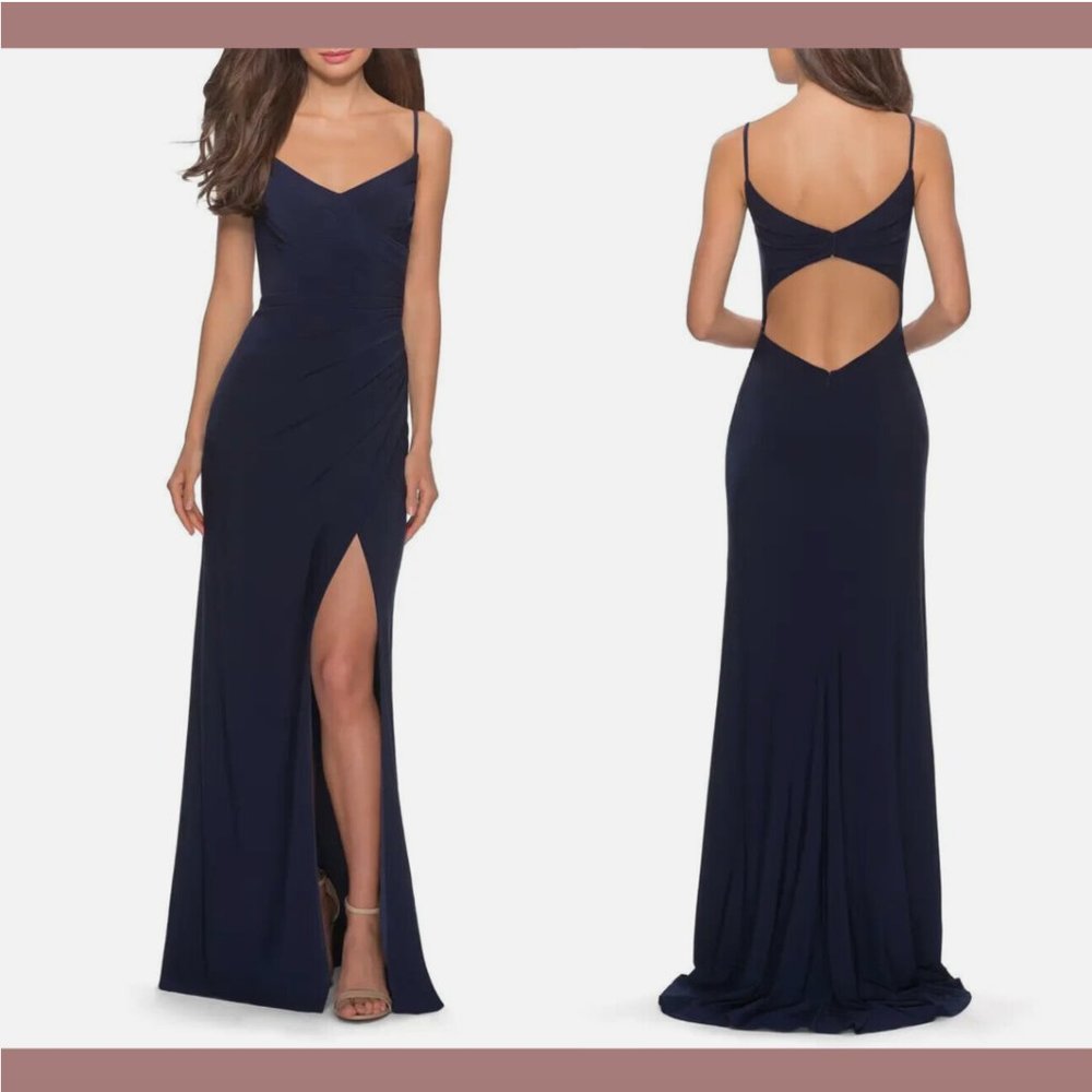 NEW $288 La Femme [ 6 ] Ruched Jersey Trumpet Gown in‎ Navy Blue #Q508